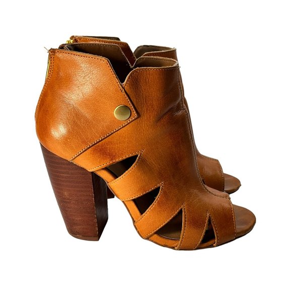 Kelsi Dagger Shoes - Kelsi Dagger Brooklyn KDB Brown Peep-Toe Bootie Cutouts Stacked Heel Womens 6